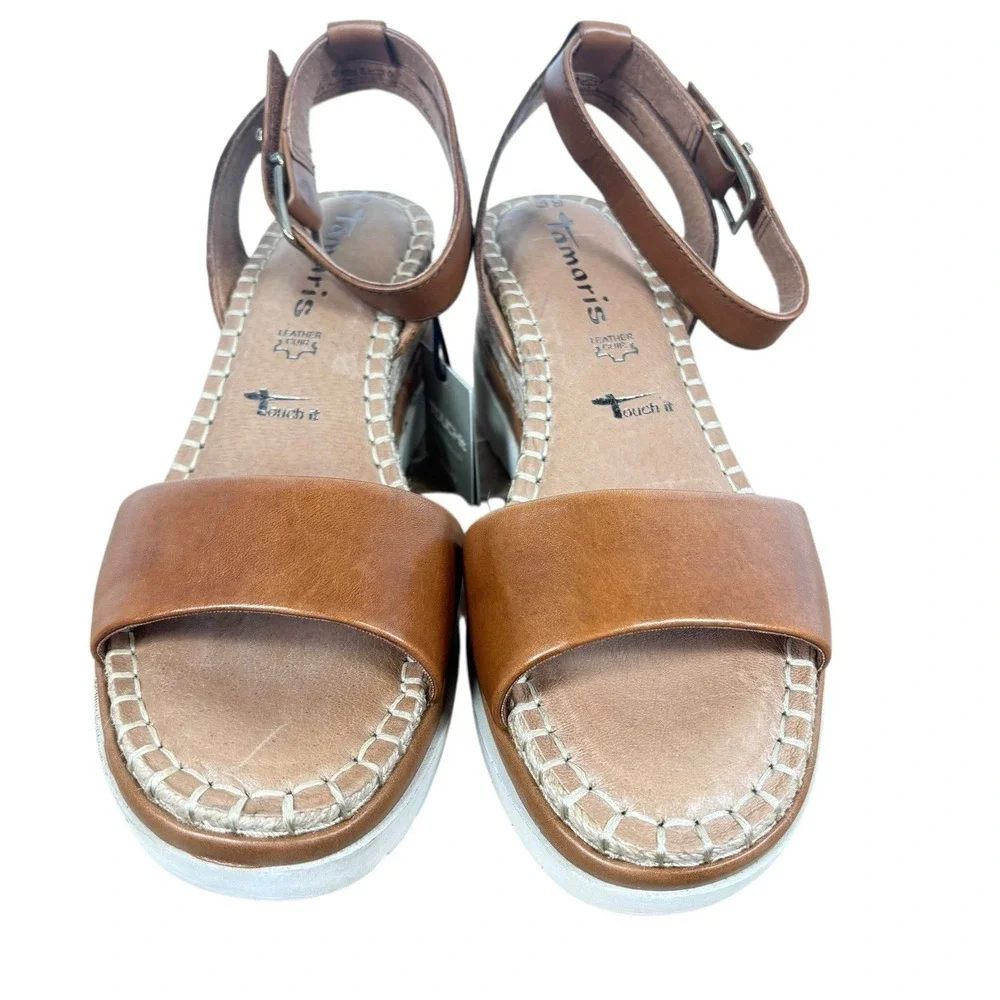 Tamaris Ladies Leather Cognac Brown Wedge Sandals Espadrille Capsule Size 8 / 39 - Picture 4 of 8